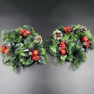 Vintage Christmas Candle Ring Holly Berry PAIR Plastic Centerpiece for 3" Pillar
